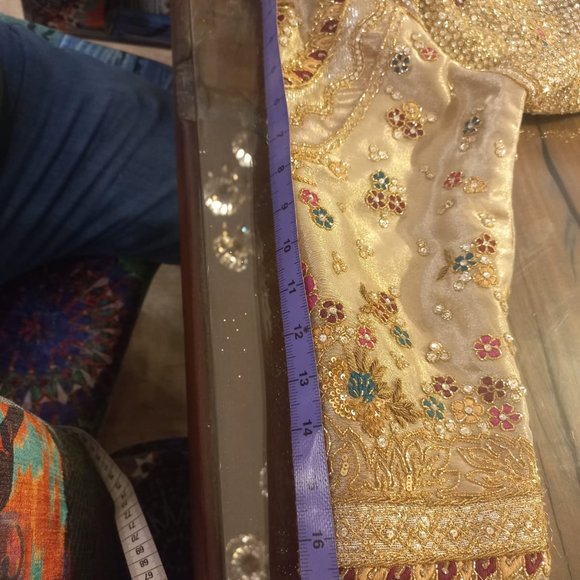 Tena Durrani Cream and Gold Sequin Wedding Dress with Bishop Sleeves - Picture 11 of 15